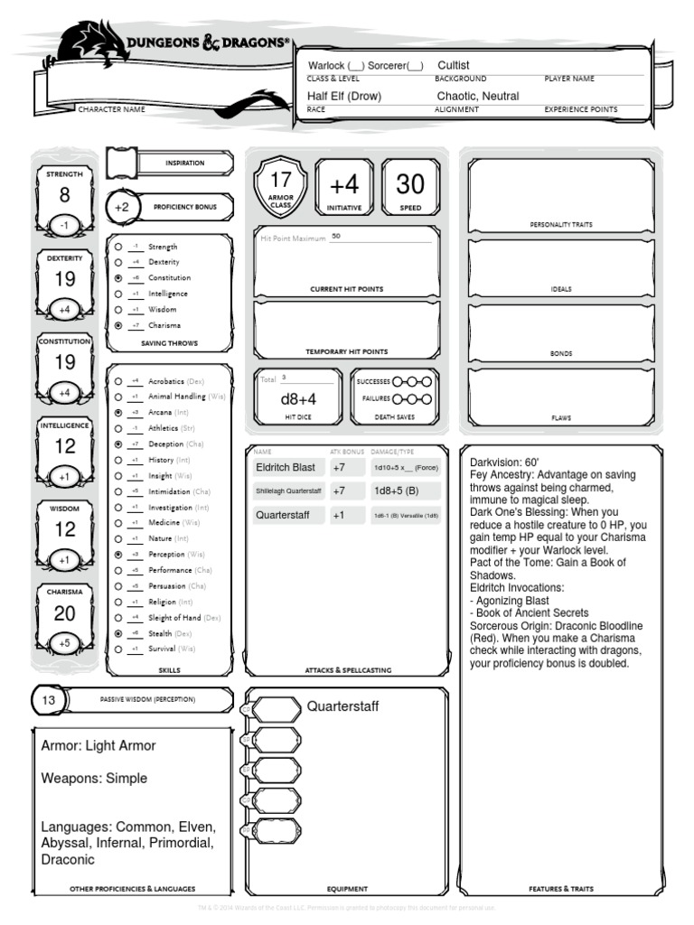 Dnd 5e Charactersheet Warlock Sorcerer Fantasy Role Playing Games Fantasy