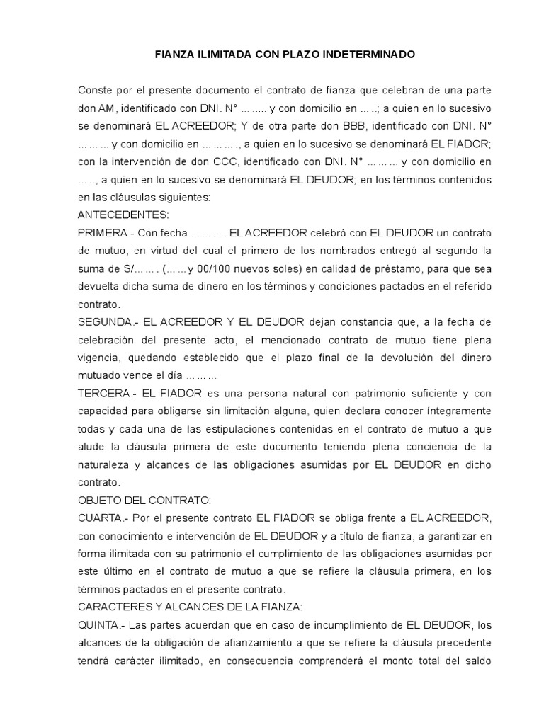 MODELO DE CONTRATO DE FIANZA Pagos Gobierno