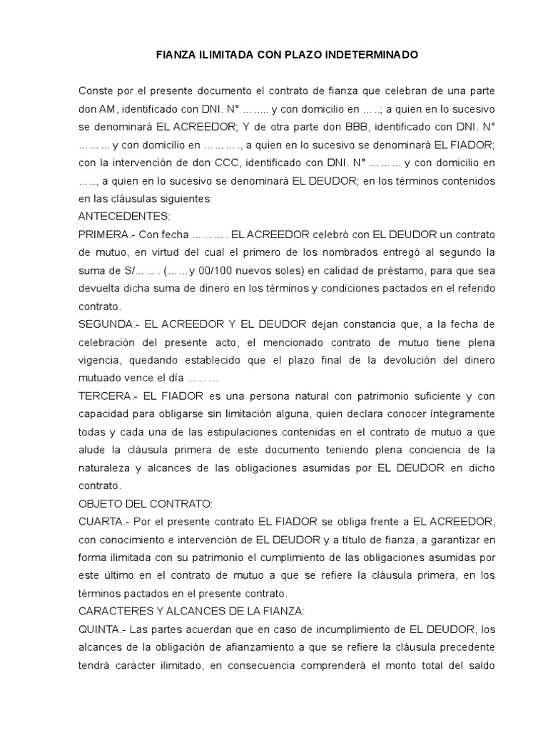 Modelo De Contrato De Fianza Pagos Gobierno