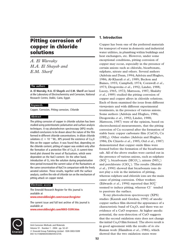 AntiCorrosion Methods and Materials Volume 51 Issue 1 2004 Pitting Corrosion of Copper in