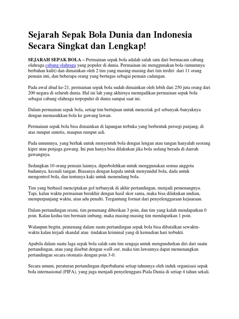 Sejarah Sepak Bola Dunia Dan Indonesia Secara Singkat Dan Lengkap