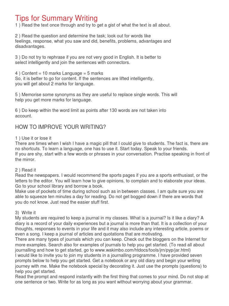 Summary Writing Tips and Techniques | PDF | Paragraph | Essays