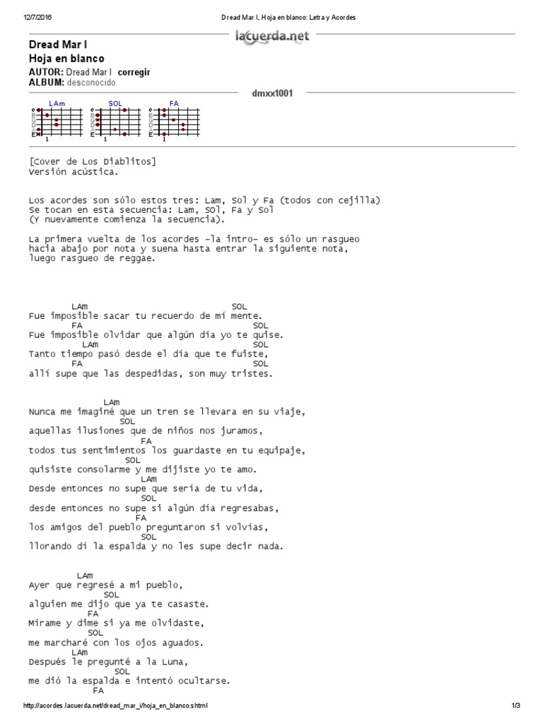 Dread Mar I, Hoja en Blanco_ Letra y Acordes Entretenimiento (general