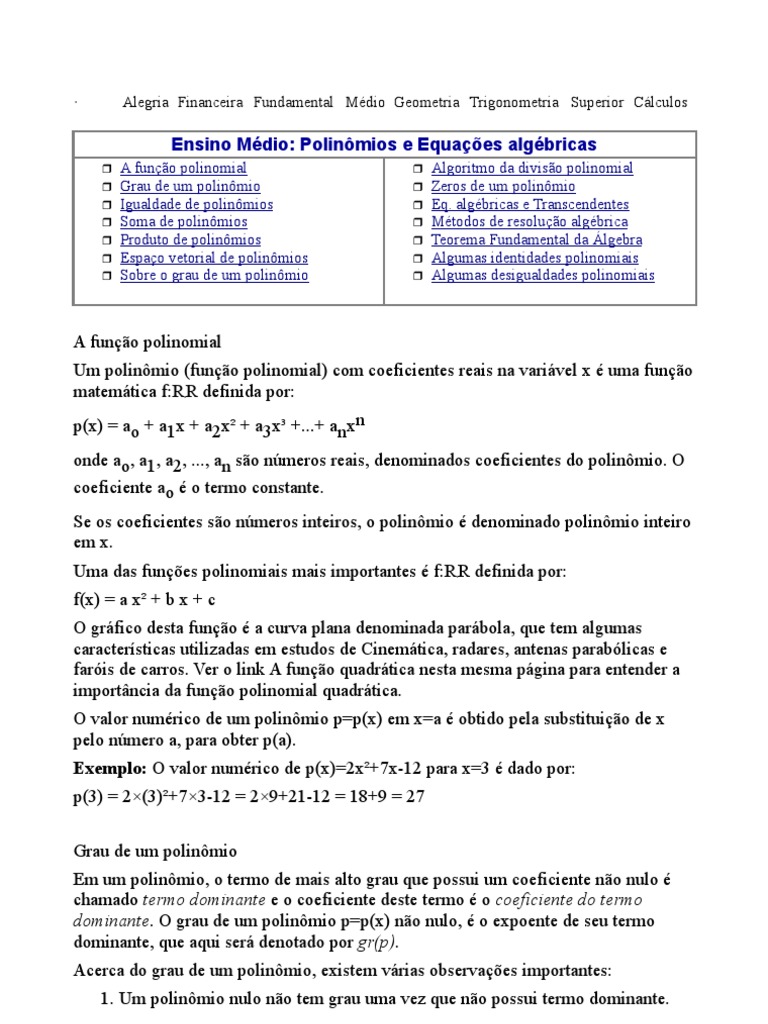Polinômios: Conceitos e Operações | PDF | Equações | Sequência