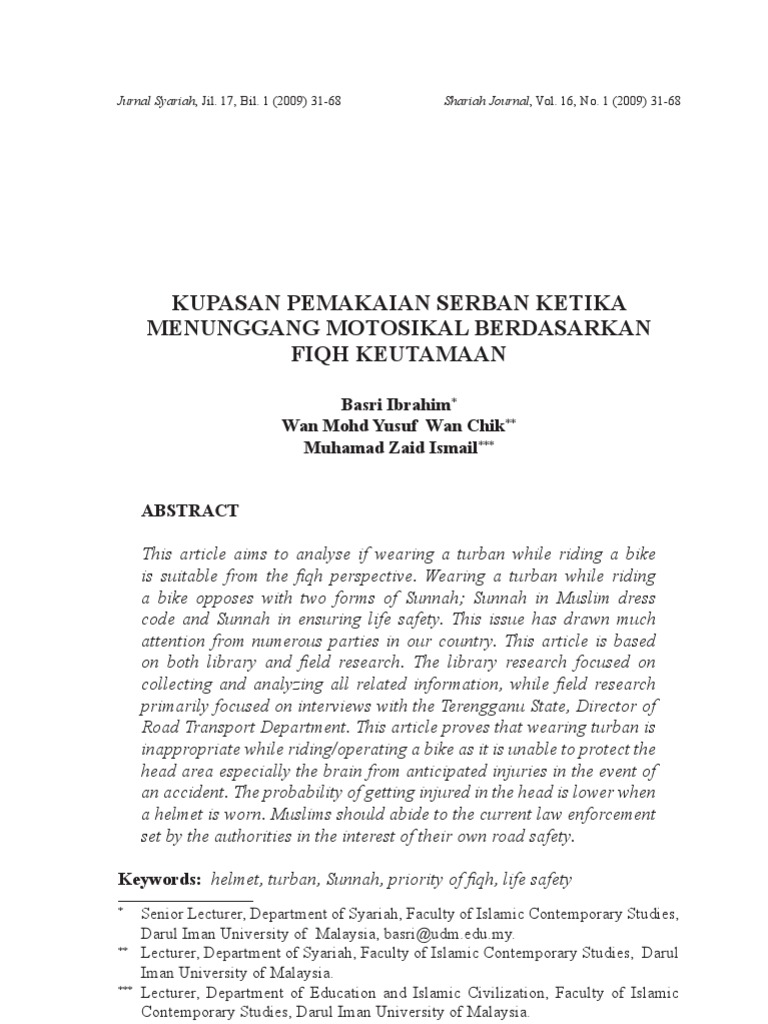 Kupasan Pemakaian Serban Ketika Menunggang Motosikal Berdasarkan Fiqh Keutamaan