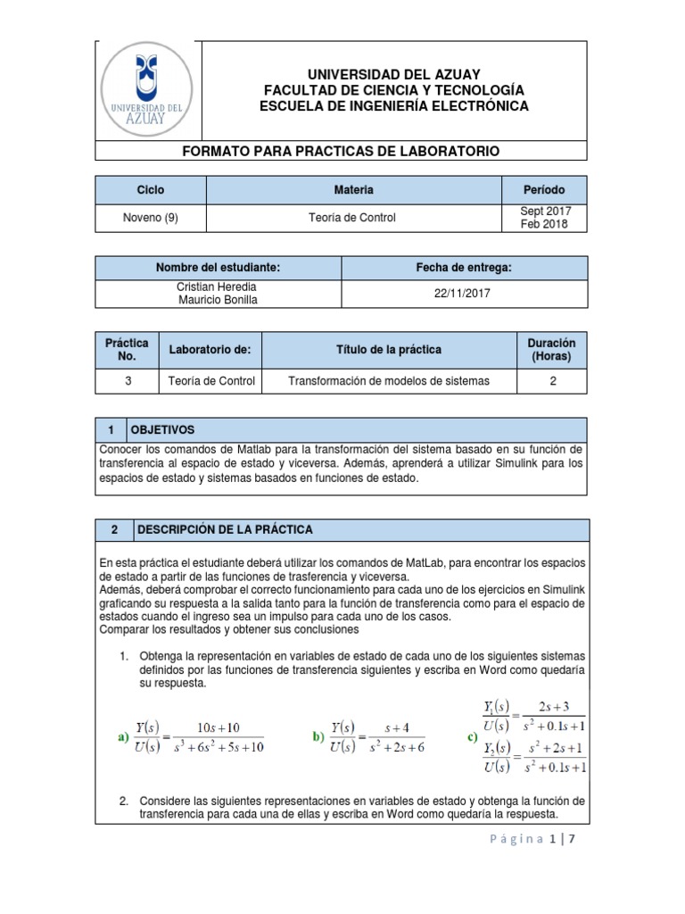 Práctica de Matlab en Teoría de Control | PDF | Matriz (Matemáticas ...
