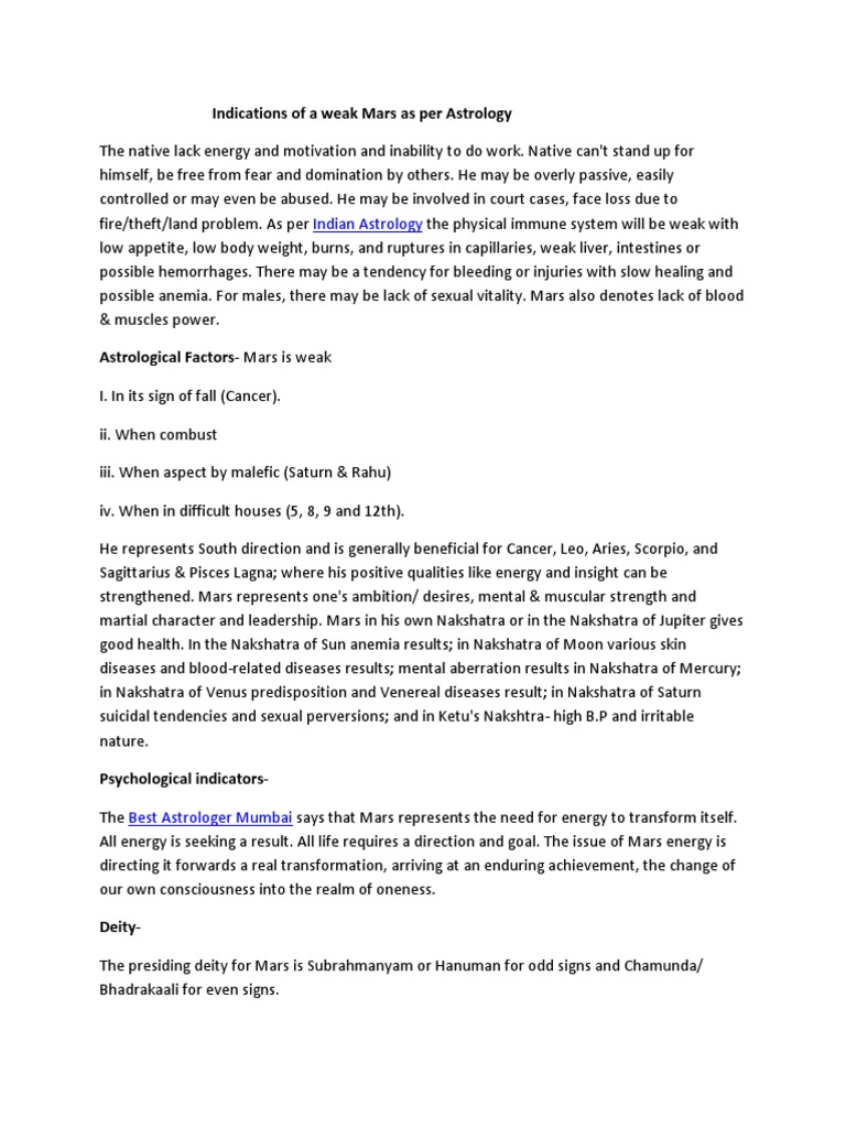 Indications of A Weak Mars As Per Astrology PDF