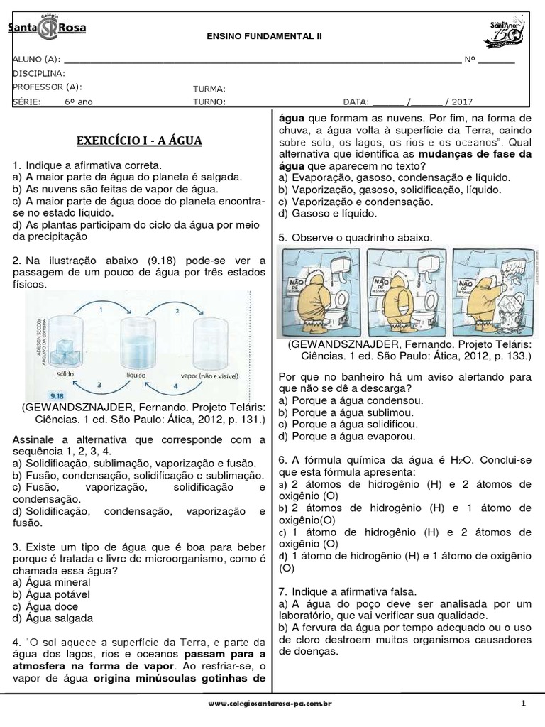 Questões e Exercícios sobre Água 6º Ano | PDF | Hidrogênio | Água