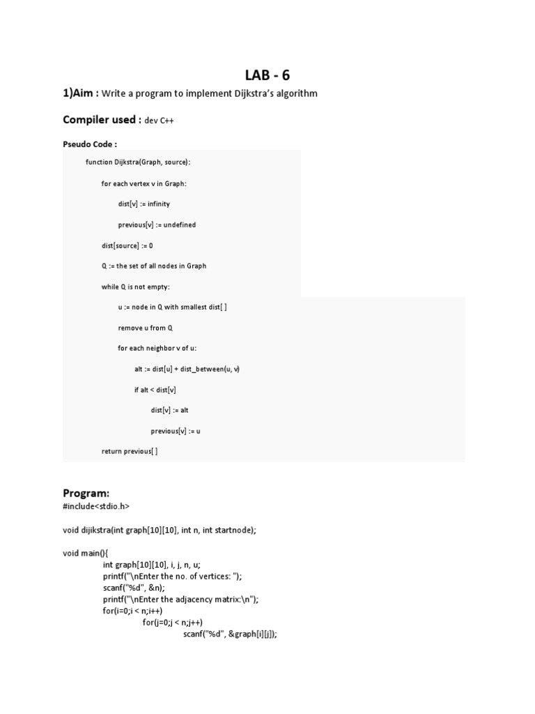 1) Aim: Compiler Used:: Write A Program To Implement Dijkstra's ...