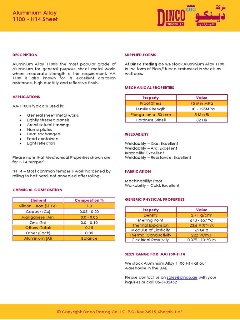 Aluminium Alloy 1100 Data Sheet Alloy Aluminium