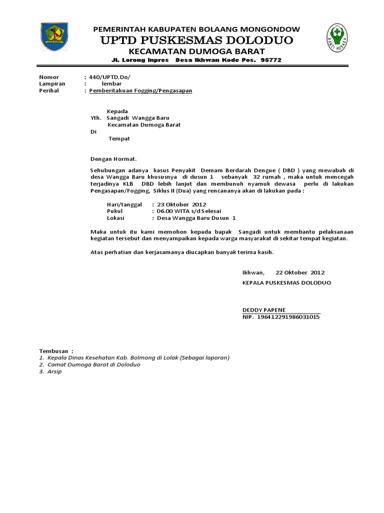 Contoh Surat Permohonan Fogging Ke Dinas Kesehatan