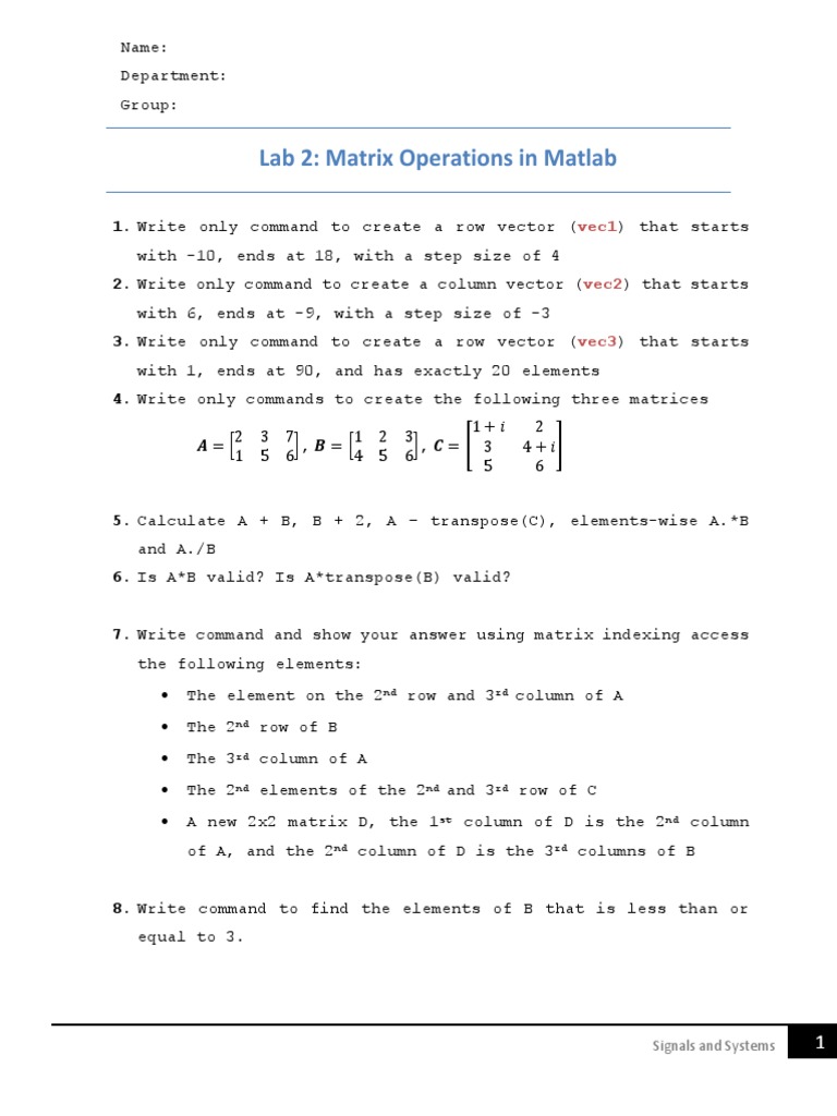 Lab2 Matrix Operation in Matlab | PDF