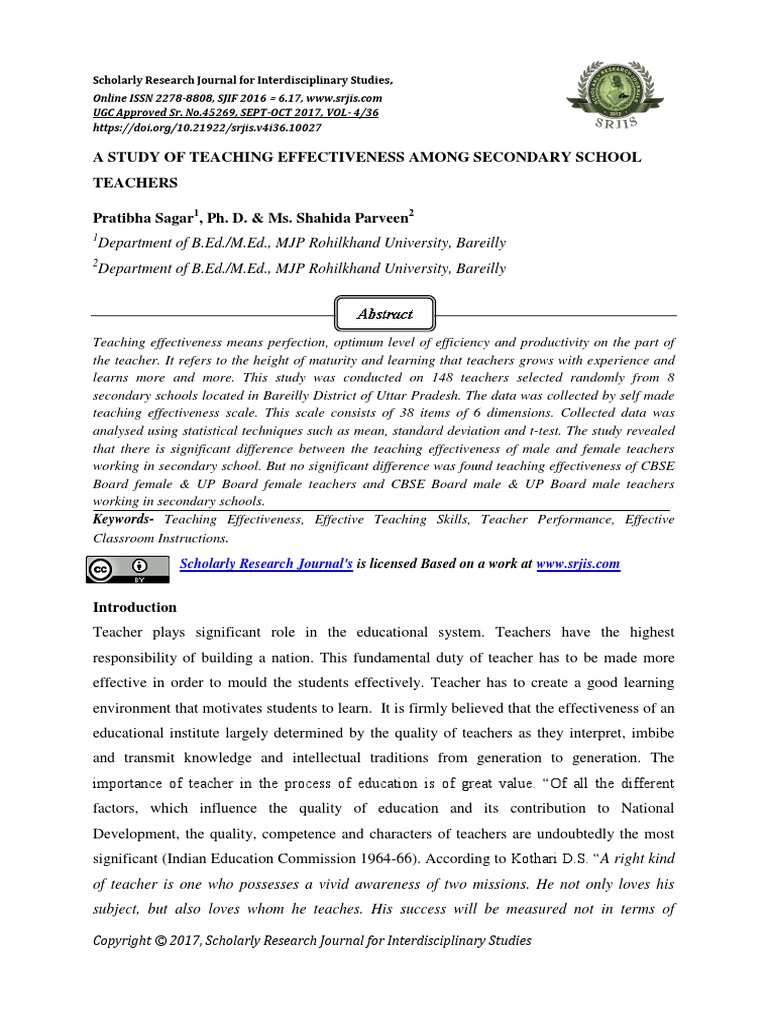 A Study of Teaching Effectiveness Among Secondary School Teachers | PDF ...