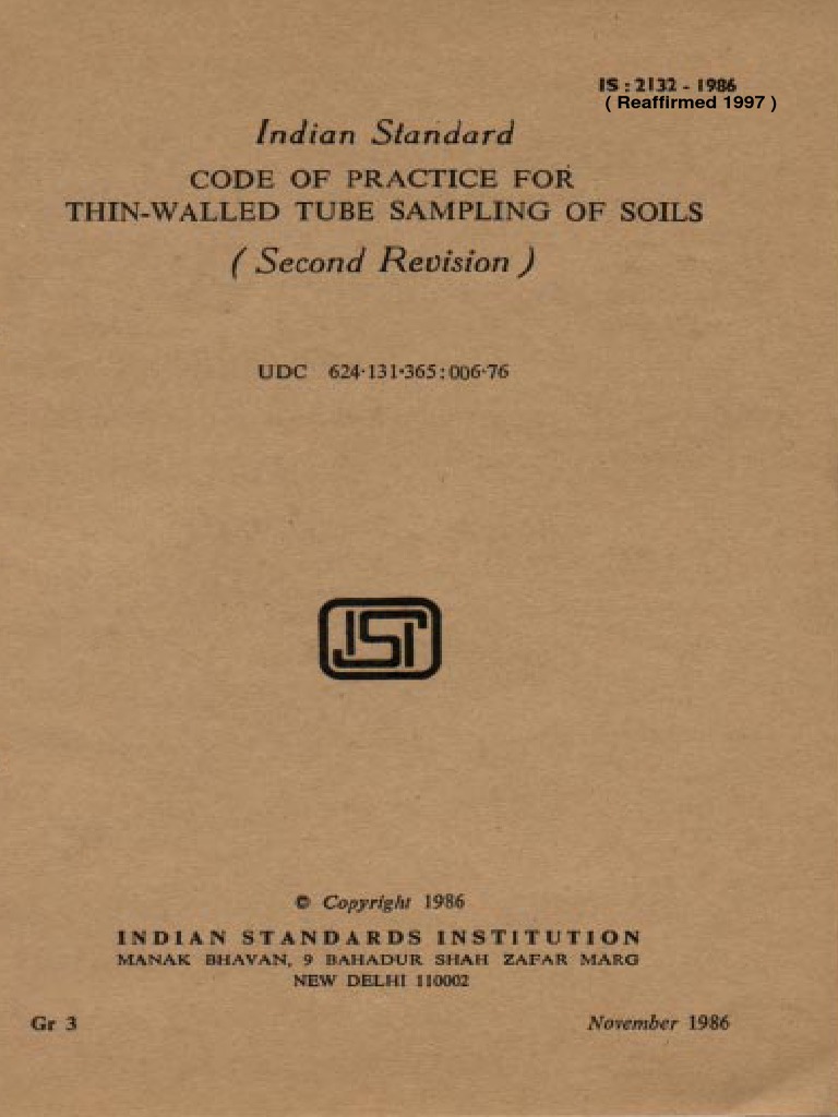 2132 (Code of Practice For Thin Walled Tube Sampling of Soil PDF | PDF