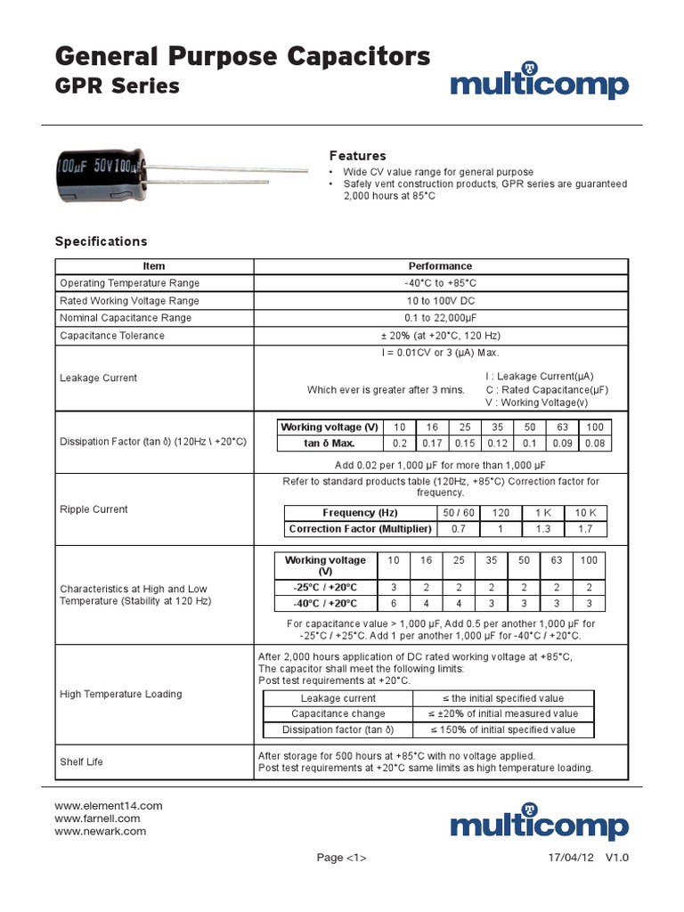 Cap Electrolitic 10 100v 0 1 To 200uf Datasheet Electrical Components Manufactured Goods