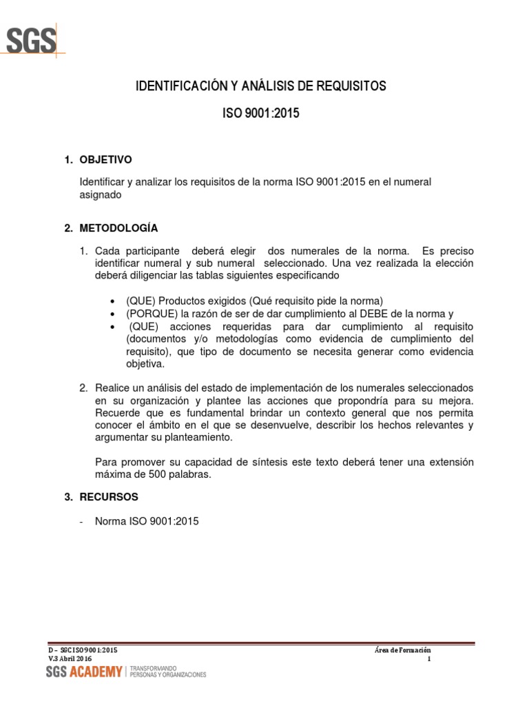 Taller Requisitos de Norma ISO 9001 | PDF | Gestión de la calidad ...