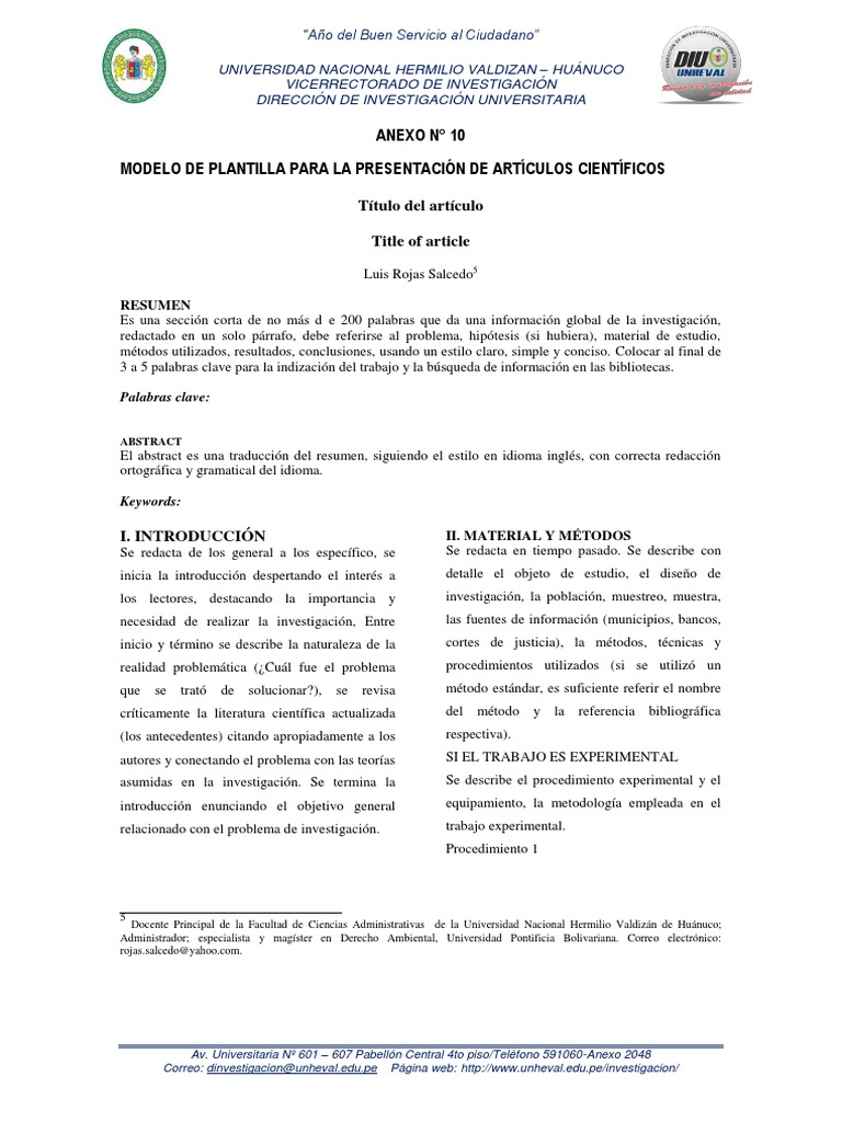 Anexo 10 Modelo Plantilla Presentacion Articulo UNHEVAL | PDF | Science |  Ciencia y Tecnología