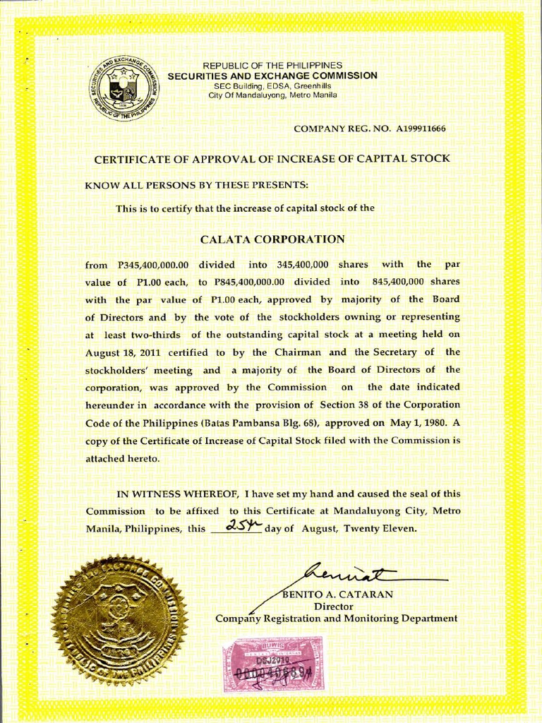 Cal Sec Certificate of Increase in Capital Stock 08.25.2011 | PDF