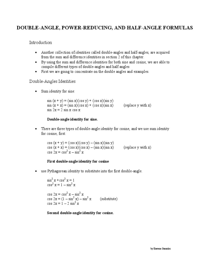 Math2412 Double Angle Power Reducing Half Angle Identities Pdf Trigonometric Functions Sine
