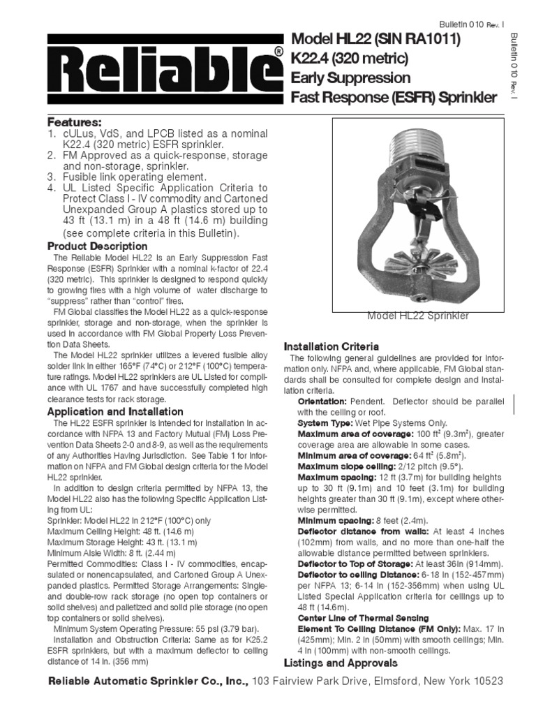 Model HL22 (SIN RA1011) Early Suppression Fast Response (ESFR