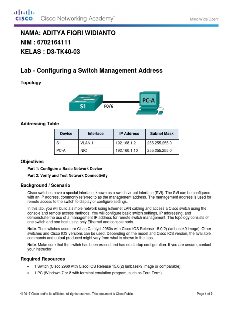 2.3.3.4 Lab Configuring a Switch Management Address Network Switch