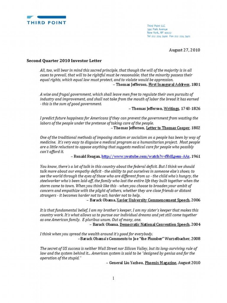 Third Point Q2 2010 Investor Letter Bonds Finance Securities 