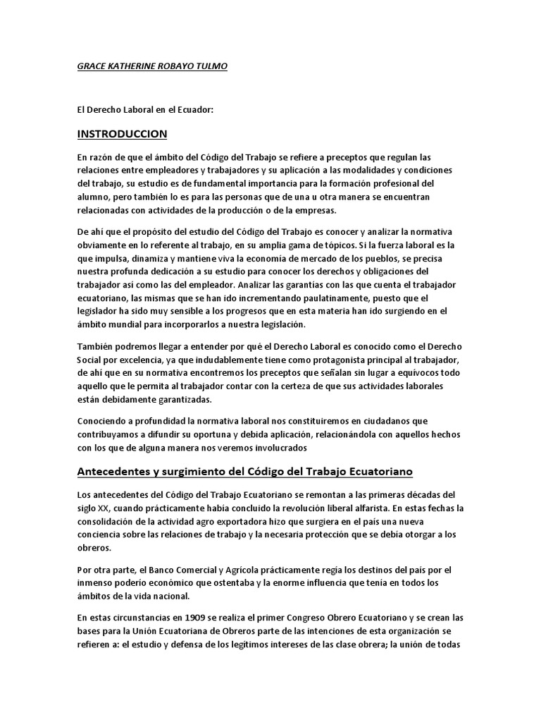 Analisis Codigo de Trabajo Ecuatoriano PDF Derecho laboral Virtud