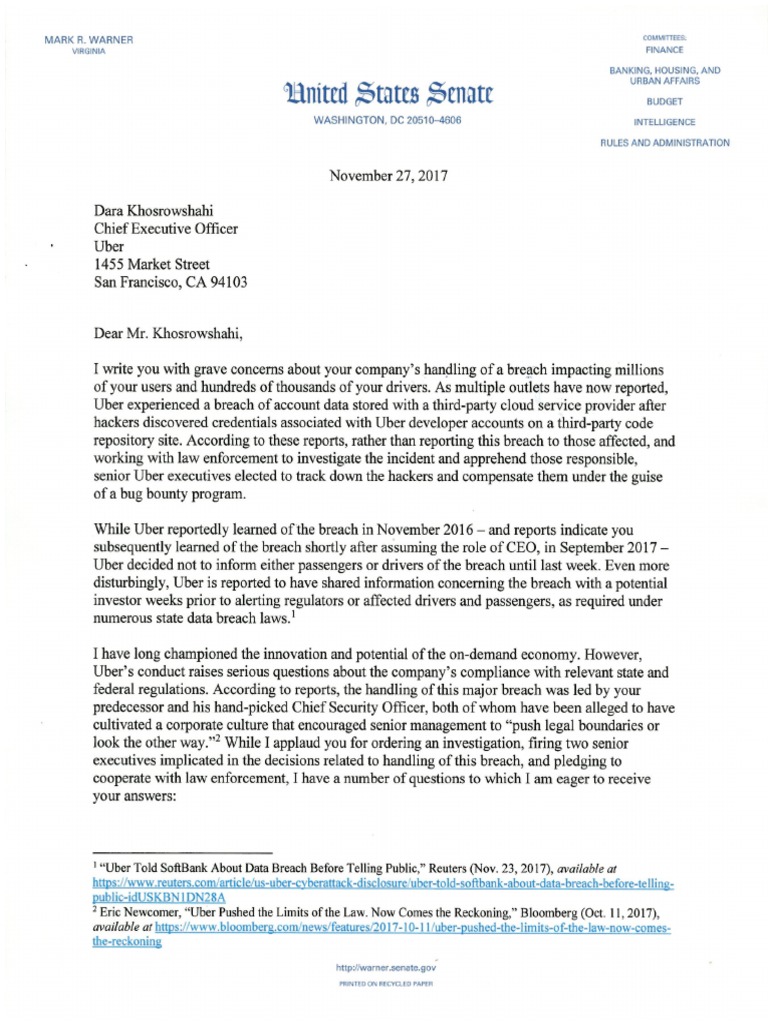 11.27.2017 Letter To Uber | PDF