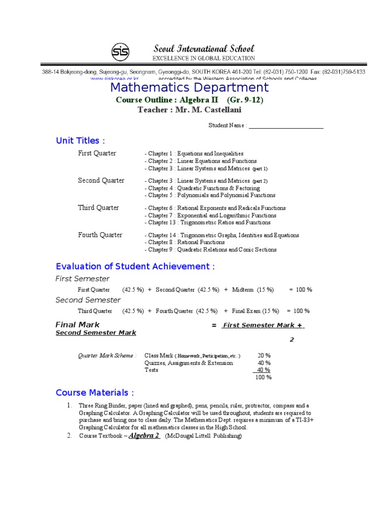 Algebra II Course Outline for Grades 9-12 | PDF | Homework | Equations