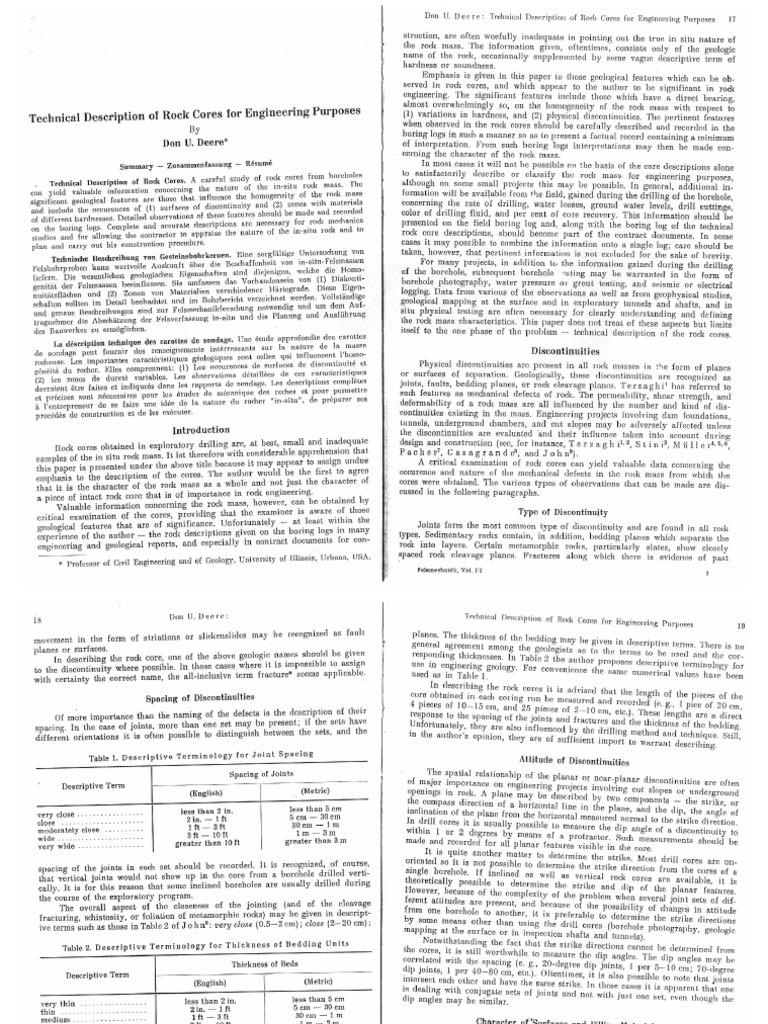 Technical Description of Rock Cores For Engineering Purposes, DEERE PDF ...