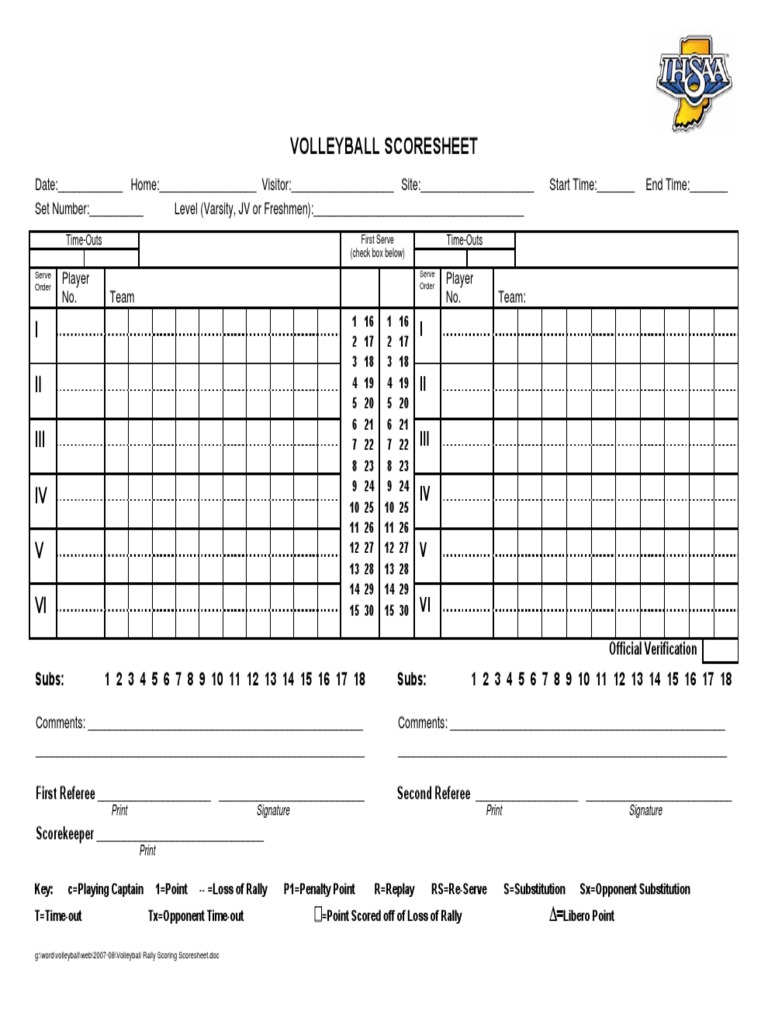 Rally Scoring Score Sheet Sports Team Sports