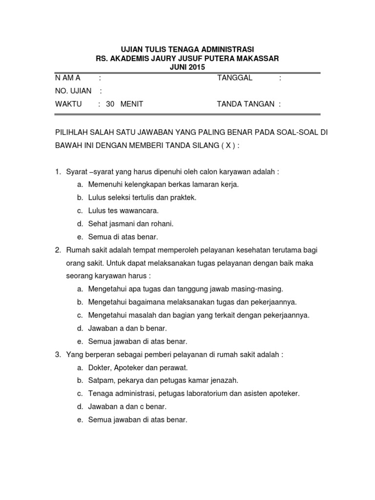 Soal Tes Bagian Administrasi Rumah Sakit