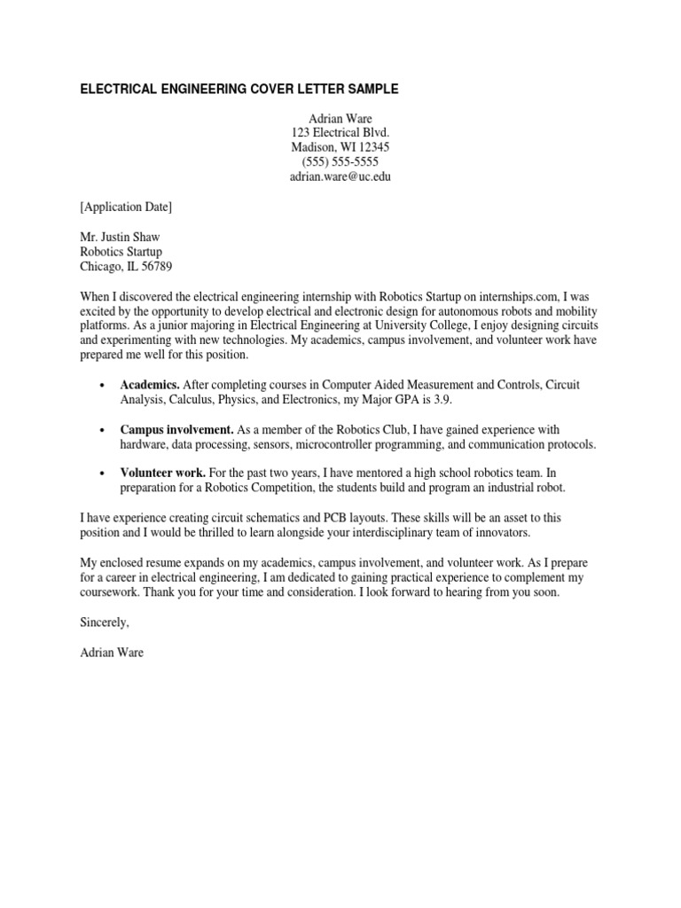 Electrical Engineering Cover Letter Sample