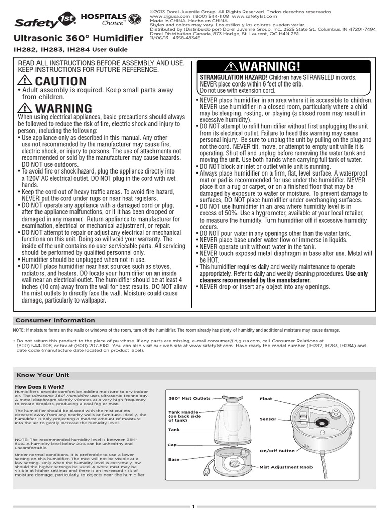 User Guide Safety 1st Ultrasonic 360 Humidifier Item No IH282 PDF