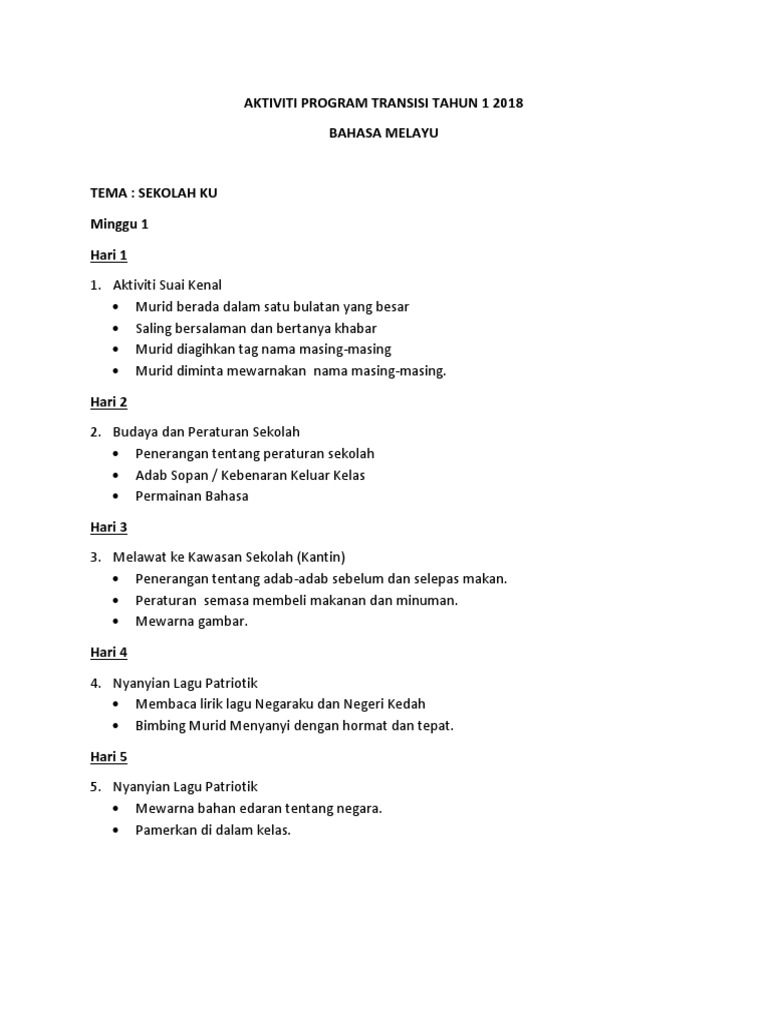 Aktiviti Program Transisi Tahun 1 2018 | PDF | Karier & Perkembangan ...