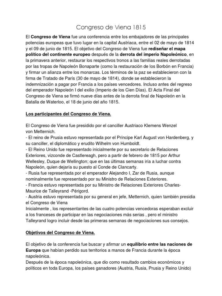 Congreso de Viena 1815 Napoleón Relaciones Internacionales