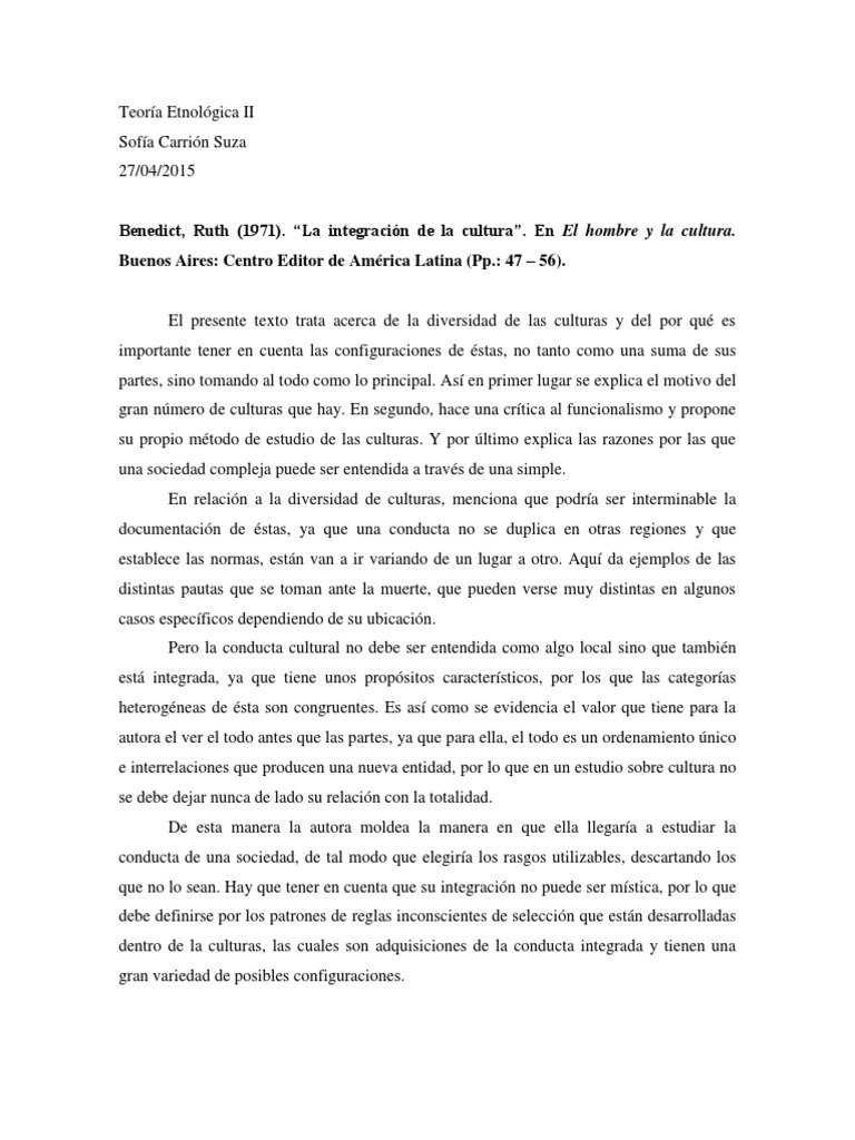 Ruth Benedict. La Integración de la cultura (resumen