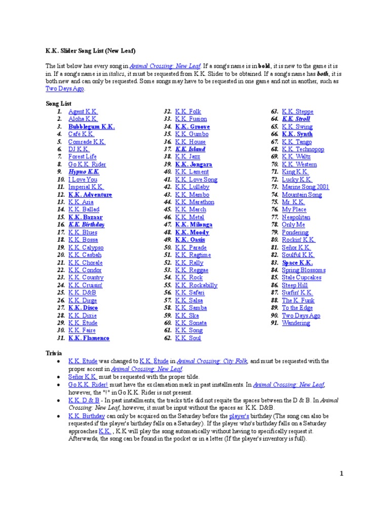 Animal Crossing New Leaf KK Slider Song List English Language Music