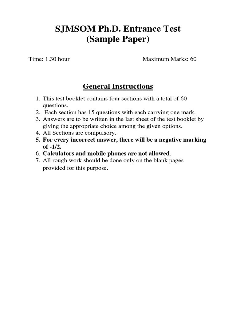 phd entrance test sample paper