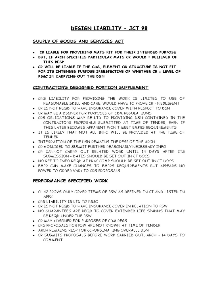 Design Liability - JCT 98: Suuply of Goods and Services Act | PDF ...