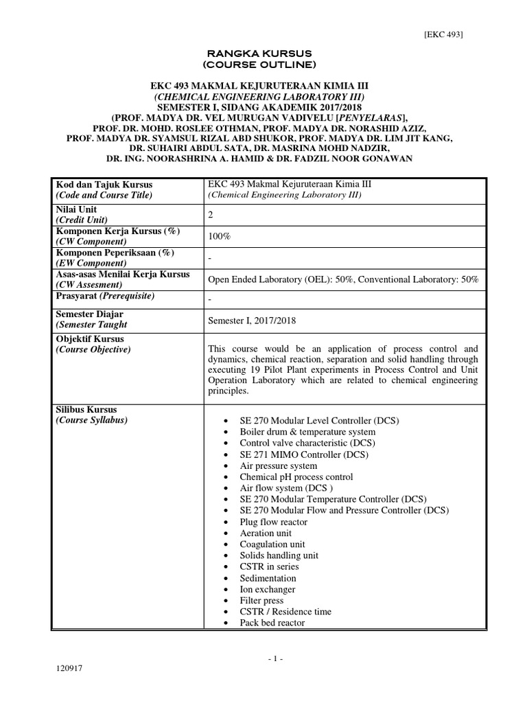Course Outline Science Chemical Engineering