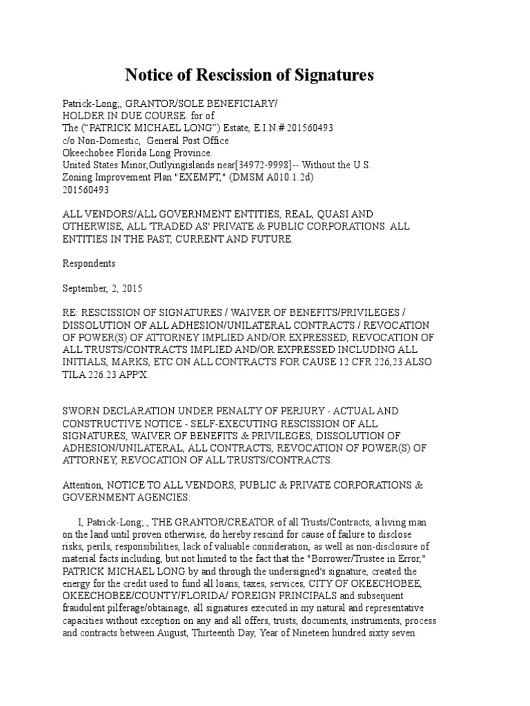 Notice of Rescission by Patrick Long | PDF | Trust Law | Virtue