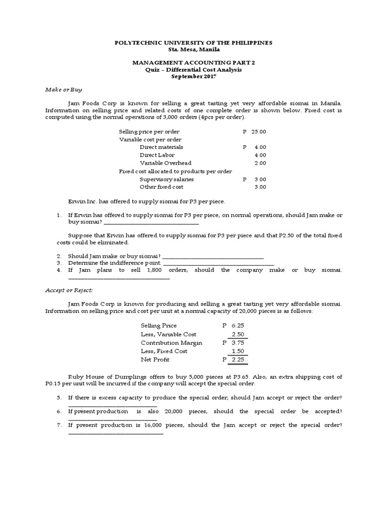 Differential Cost Analysis Quiz | PDF | Labour Economics | Profit ...