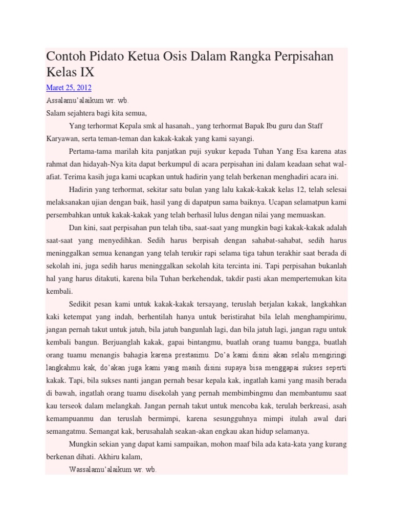 Contoh Pidato Ketua Osis Dalam Rangka Perpisahan Kelas IX PDF