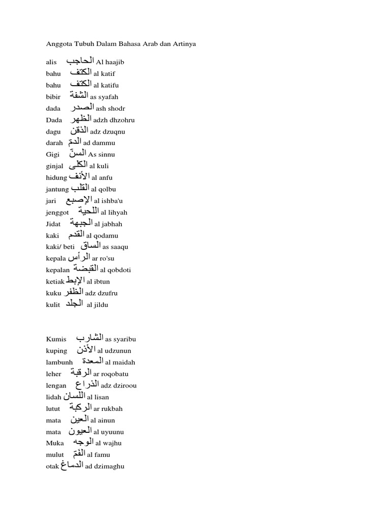 Anggota Tubuh Dalam Bahasa Arab Dan Artinya Pdf