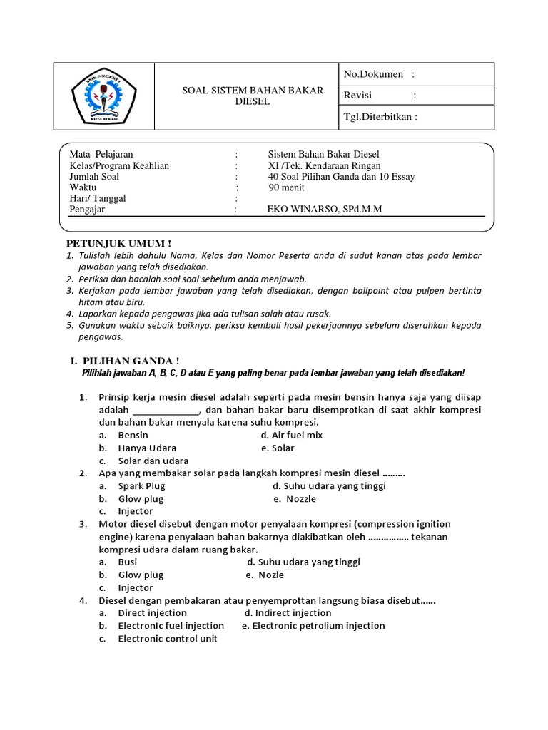 Soal Diesel Xi Tkr