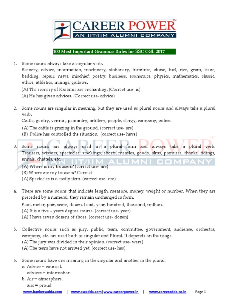 Key Grammar Rules for SSC CGL 2017 | PDF | Grammatical Number ...