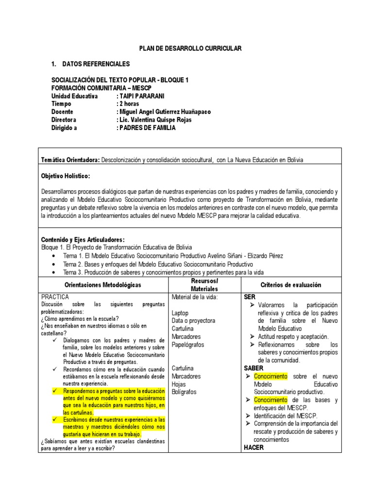 Plan de Desarrollo Curricular Bolivia 2024 | PDF | Epistemología ...