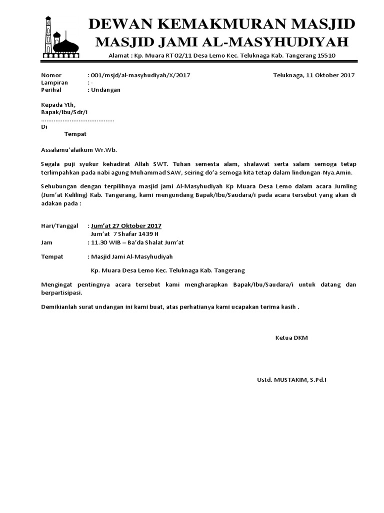 Contoh Surat Pengambilan Kuasa Masjid