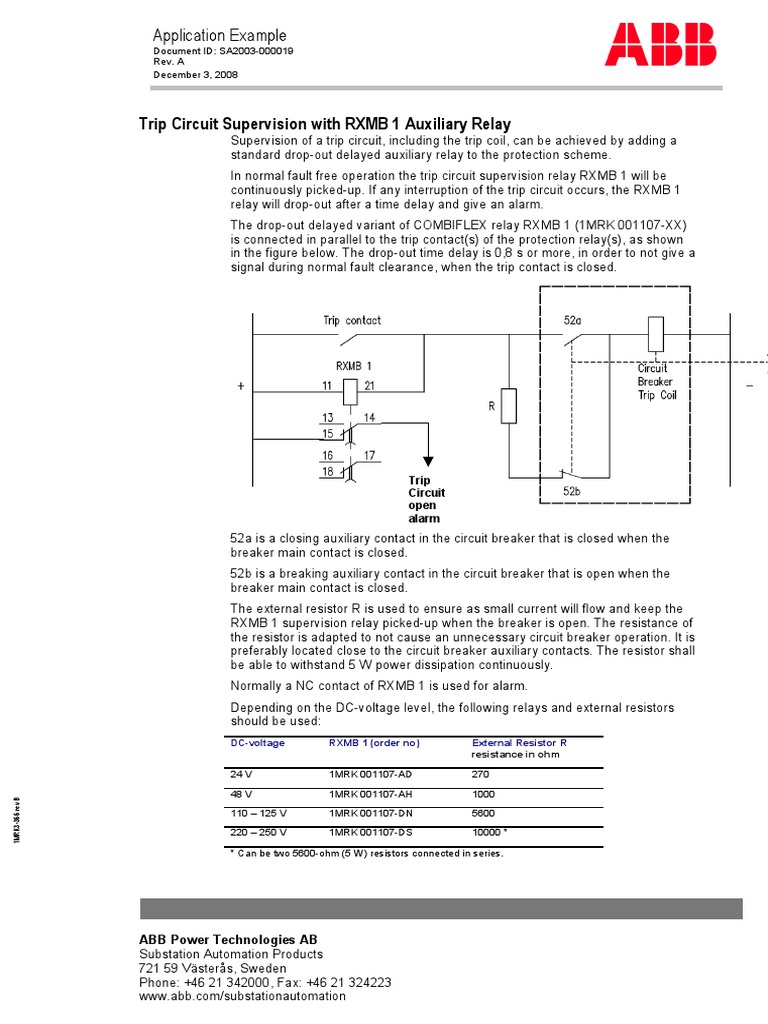 SA2003000019 A en Trip Circuit Supervision With RXMB 1 Auxiliary Relay